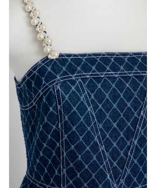 Marjorie（マージョリー）の「月海，珍珠肩帶菱格牛仔長洋裝（ワンピース/ドレス・レディース・牛仔藍・XS/S/M/L）」の9枚目の写真