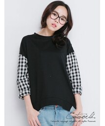 catworld | 前短後長袖拼接格紋上衣T恤(その他)
