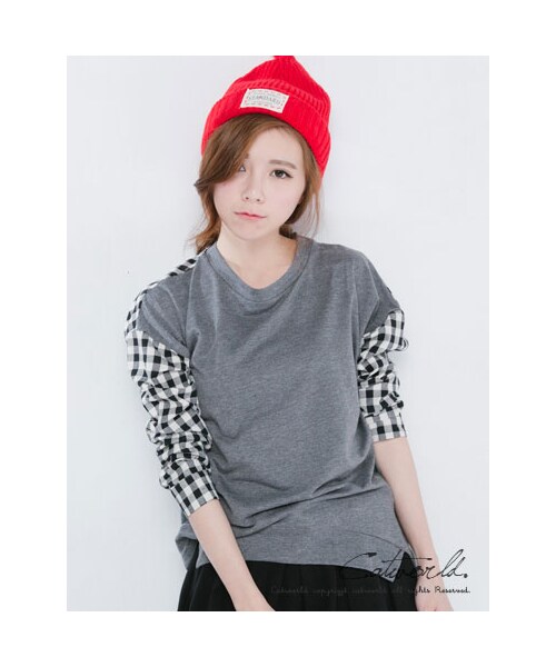 catworld（キャットワールド）の「前短後長袖拼接格紋上衣T恤（その他・レディース・黑/深灰・M/L/XL）」の2枚目の写真