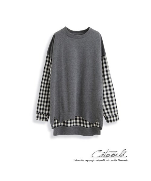 catworld（キャットワールド）の「前短後長袖拼接格紋上衣T恤（その他・レディース・黑/深灰・M/L/XL）」の3枚目の写真