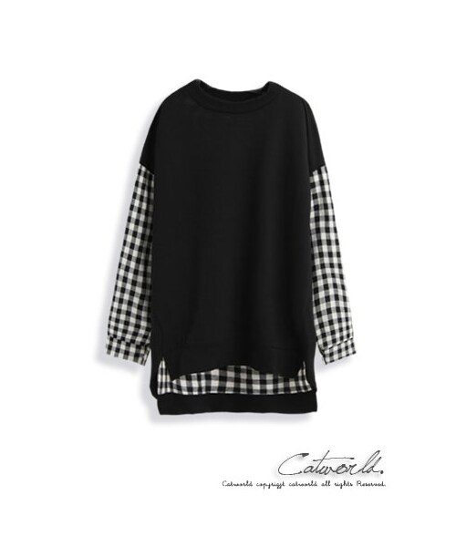 catworld（キャットワールド）の「前短後長袖拼接格紋上衣T恤（その他・レディース・黑/深灰・M/L/XL）」の8枚目の写真