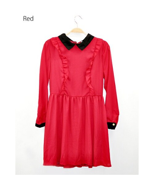 Momo（Momo）の「バイカラー襟とフリルラインのロマンチックワンピース（ワンピース・レディース・ブルーグリーン/レッド・フリー）」の2枚目の写真