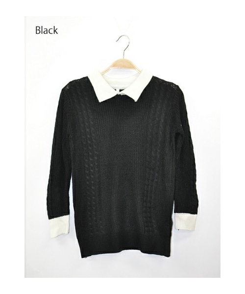Momo（Momo）の「バイカラー襟付きリブ編みニットソー（ニット/セーター・レディース・ホワイト/ブラック/レッド・フリー）」の2枚目の写真