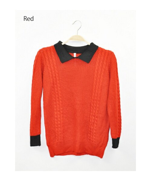 Momo（Momo）の「バイカラー襟付きリブ編みニットソー（ニット/セーター・レディース・ホワイト/ブラック/レッド・フリー）」の3枚目の写真