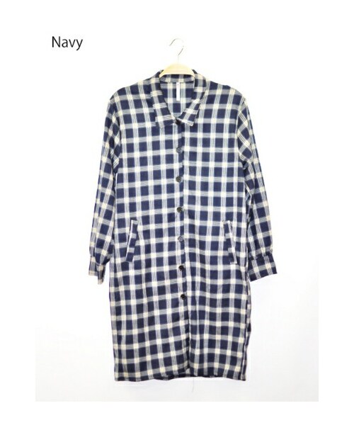 Momo（Momo）の「チェック柄ボタンダウンロングシャツジャケット（シャツ/ブラウス・レディース・グリーン/ネイビー・フリー）」の2枚目の写真