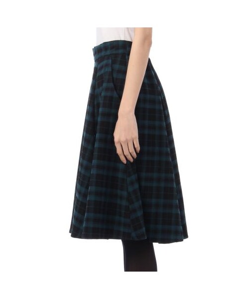 OZOC（オゾック）の「起毛チェックミディ丈フレアスカート（ひざ丈・レディース・ダークグリーン/ブラック・M）」の3枚目の写真