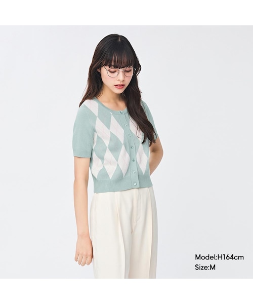 GU（ジーユー）の「アーガイルクロップドカーディガン(半袖)NT+E