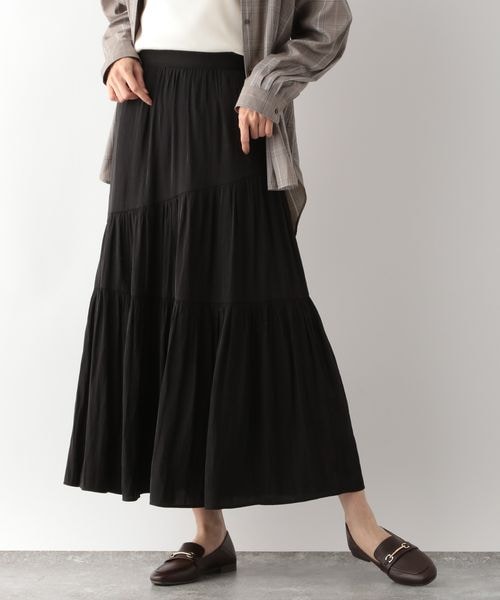 iro☆キュプラレーヨンティアードスカート BLACK 黒 紐シャーリングスカート | I R O F U S I online shop