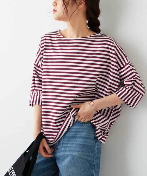PUAL CE CIN(ピュアルセシン)の「切替ボーダーTシャツ(Tシャツ/カットソー・レディース・ボルドー/グリーン/ネイビー・FREE)」の2枚目の写真