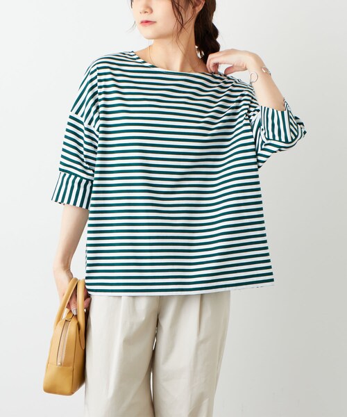 PUAL CE CIN(ピュアルセシン)の「切替ボーダーTシャツ(Tシャツ/カットソー・レディース・ボルドー/グリーン/ネイビー・FREE)」の1枚目の写真