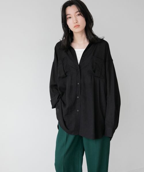 LOWRYS FARM（ローリーズファーム）の「エコレーヨンリネンロングシャツ（トップス・レディース・ブラック09/ピンク25/ベージュ51/グリーン72/グリーン75/パープル95・F）」の9枚目の写真