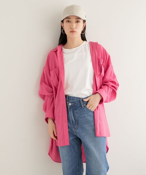 LOWRYS FARM（ローリーズファーム）の「エコレーヨンリネンロングシャツ（トップス・レディース・ブラック09/ピンク25/ベージュ51/グリーン72/グリーン75/パープル95・F）」の2枚目の写真