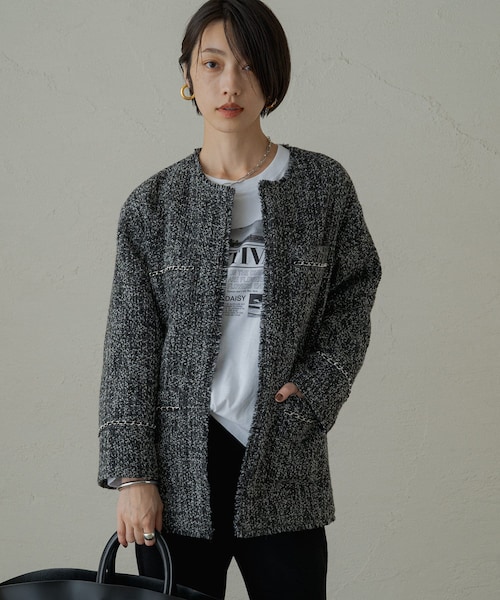 チェーンツイードジャケット　ラウンジドレス　ブラック　ブルゾン　ウール chain ツイード ジャケット LOUNGEDRESS（ラウンジドレス）の