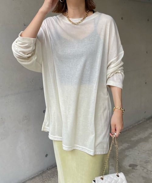 DouDou(ドゥドゥ)の「シアーフライスTEE(Tシャツ/カットソー・レディース・オフホワイト/キャメル/ブラック・F)」の1枚目の写真