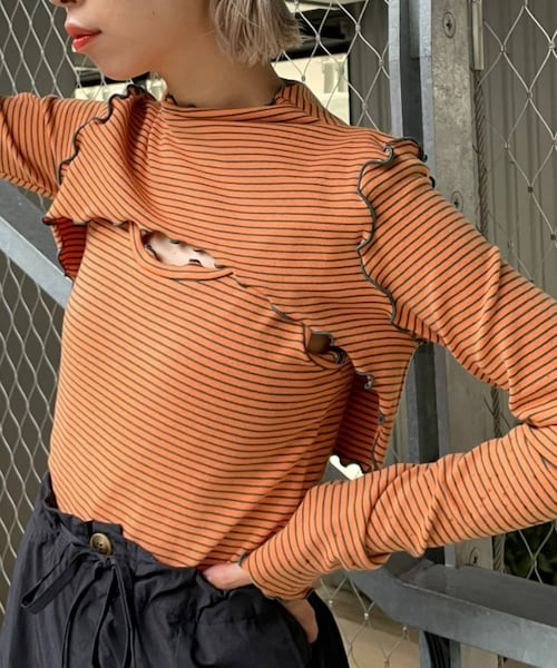 CIAOPANIC（チャオパニック）の「【HELLO.SANFRANCISCO】マルチウェイメローボーダートップス（Tシャツ/カットソー・レディース・オレンジ/ブルー/ピンク/ライトグレー・ONE）」の3枚目の写真