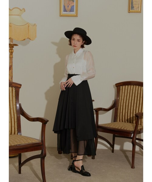 Marjorie（マージョリー）の「波動漣漪，花苞造型不規則打褶拼紗傘裙（スカート・レディース・黑・XS/S/M）」の2枚目の写真