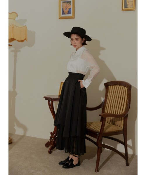 Marjorie（マージョリー）の「波動漣漪，花苞造型不規則打褶拼紗傘裙（スカート・レディース・黑・XS/S/M）」の5枚目の写真