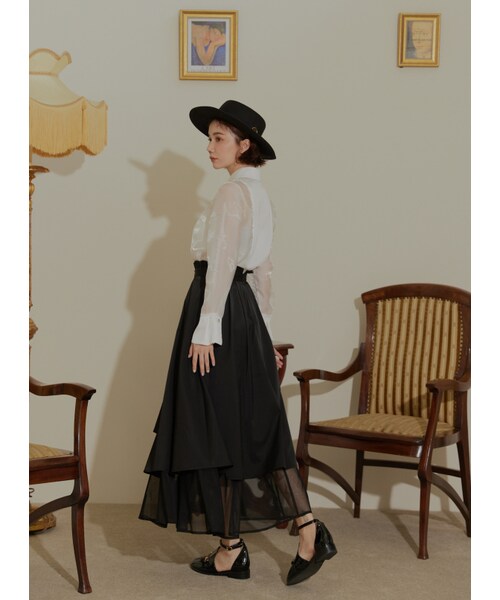 Marjorie（マージョリー）の「波動漣漪，花苞造型不規則打褶拼紗傘裙（スカート・レディース・黑・XS/S/M）」の6枚目の写真