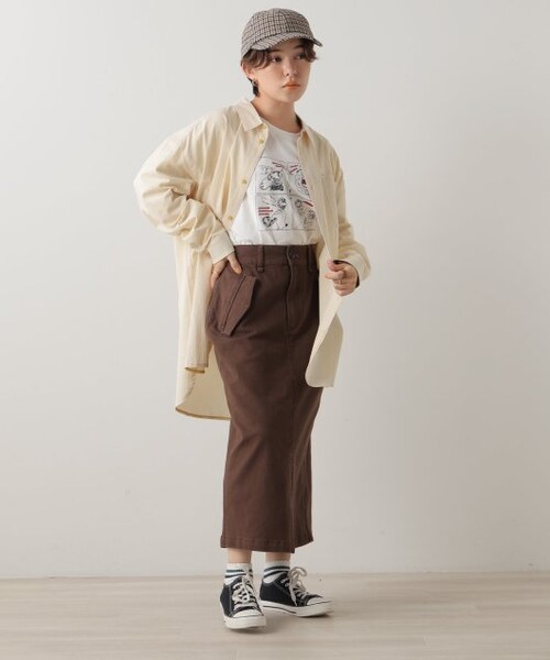 DOUBLE NAME（ダブルネーム）の「フラップポケットナロースカート（スカート・レディース・ブラウン/パープル/キナリ/スミクロ・FREE）」の16枚目の写真
