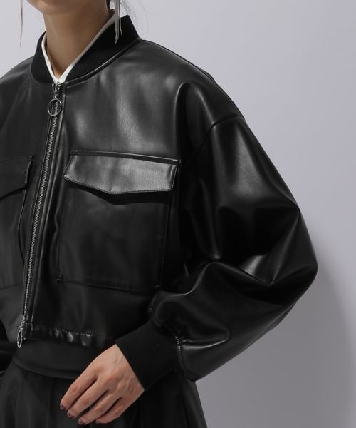 HARE　ハレ　ドルマンリンブショートブルゾン　レザー　ジャケット　ブラック HARE（ハレ）の「ドルマンリブショートブルゾン（）」 - WEAR