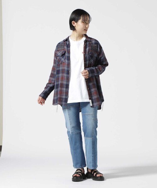 AVIREX（アヴィレックス）の「《REBUILD COLLECTION》INDIGO CHECK SHIRT/ インディゴチェックシャツ（トップス・ワイン/グリーン・S/M/L）」の8枚目の写真