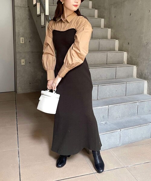 one after another NICE CLAUP（ワンアフターアナザーナイスクラップ）の「シャツドッキングニットワンピース（ワンピース・レディース・ベージュ系その他/ブラウン系その他/ブラック系その他・0）」の3枚目の写真