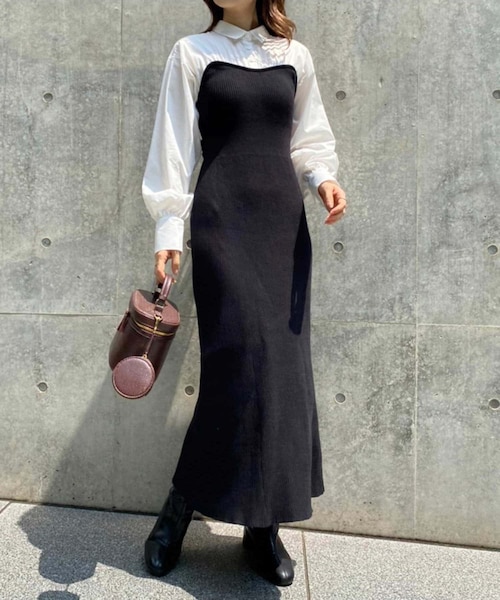 one after another NICE CLAUP（ワンアフターアナザーナイスクラップ）の「シャツドッキングニットワンピース（ワンピース・レディース・ベージュ系その他/ブラウン系その他/ブラック系その他・0）」の2枚目の写真