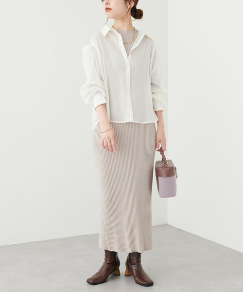 natural couture（ナチュラルクチュール）の「2022AWアイテム/シアーシャツ×リブニットワンピース（ワンピース・レディース・オフホワイト/ラベンダー/ピンク/ブラック・FREE）」の3枚目の写真
