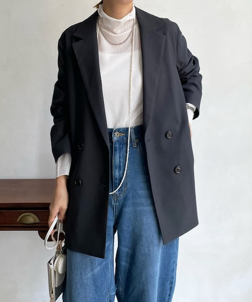 DouDou（ドゥドゥ）の「ツイルストレッチダブルジャケット（テーラードジャケット・レディース・モカ/チャコールグレー・F）」の2枚目の写真