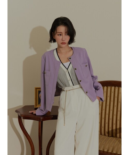 Marjorie（マージョリー）の「輕奢女伶，典雅愛心釦飾小圓領外套（ジャケット/アウター・レディース・深藍/紫・S/M）」の2枚目の写真