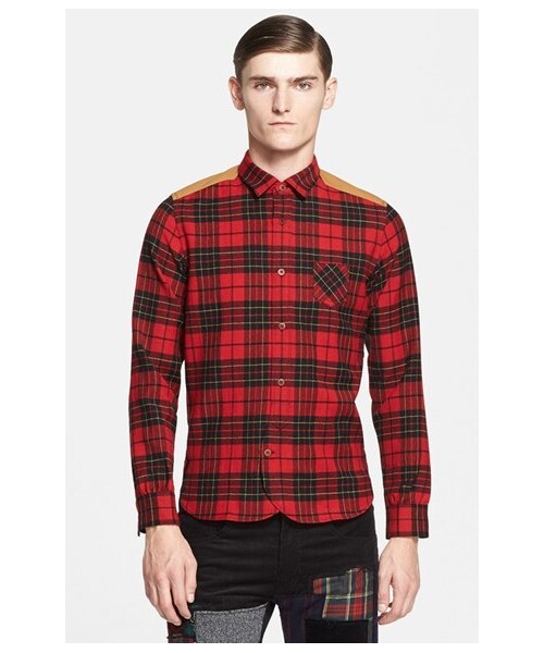 JUNYA WATANABE(ジュンヤワタナベ)の「Junya Watanabe Extra Trim Fit Mixed Media Plaid Shirt(シャツ/ブラウス・メンズ・Red/ Blk Multi・Regular X-Large)」の1枚目の写真