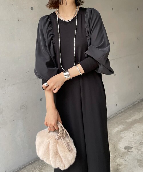 DouDou(ドゥドゥ)の「ボリューム袖異素材切替ワンピース(ワンピース・レディース・モカ/ブラック・F)」の1枚目の写真