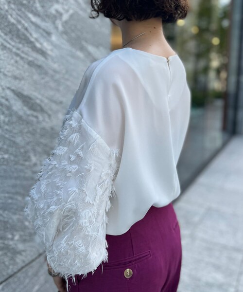 Chez toi（シェトワ）の「袖ジャガード切替ブラウス（シャツ/ブラウス・レディース・オフホワイト/オレンジ/ブラック・F）」の2枚目の写真