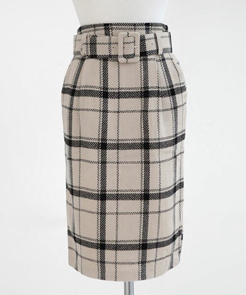 DHOLIC（ディーホリック）の「ベルトsetチェックペンシルスカート（スカート・レディース・グリーン/ベージュ/ワイン・free）」の2枚目の写真