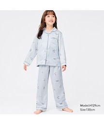 GU（ジーユー）の「GIRLSサテンパジャマ(長袖&ロングパンツ)(ネコ)+X（ラウンジウェア・キッズ）」