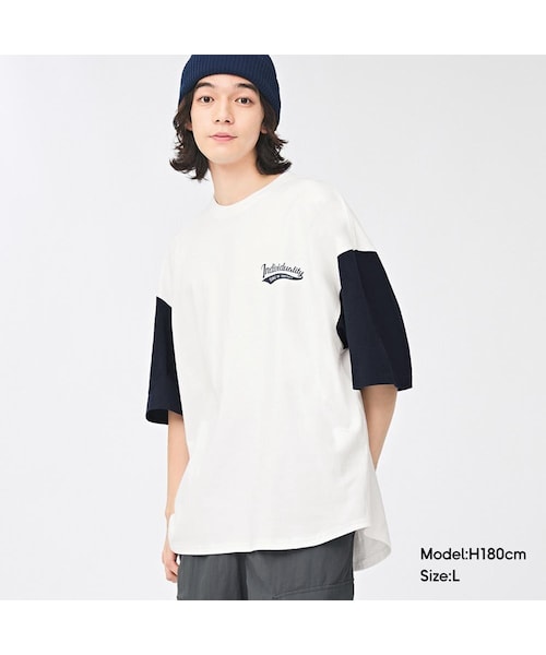 GU(ジーユー)の「ワイドフィットベースボールT(5分袖)NT+E(半袖・メンズ・GCL0303・GML007)」の1枚目の写真