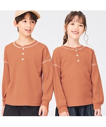 GU（ジーユー）の「KIDS(男女兼用)ワッフルヘンリーネックT(長袖)+X（Ｔシャツ・カットソー（長袖）・キッズ）」