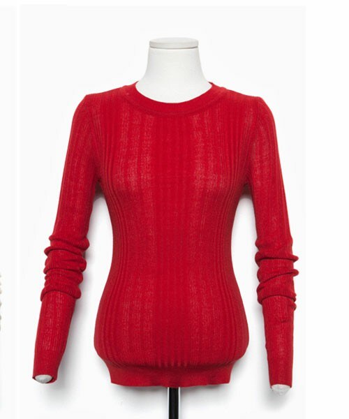 DHOLIC（ディーホリック）の「クルーネックスリムリブニットＴシャツ（Tシャツ/カットソー・レディース・グレー/アイボリー/ベージュ/レッド/ブラウン/ワイン/ネイビー/アクアグリーン/ブラックグレー/ブラック・one）」の9枚目の写真