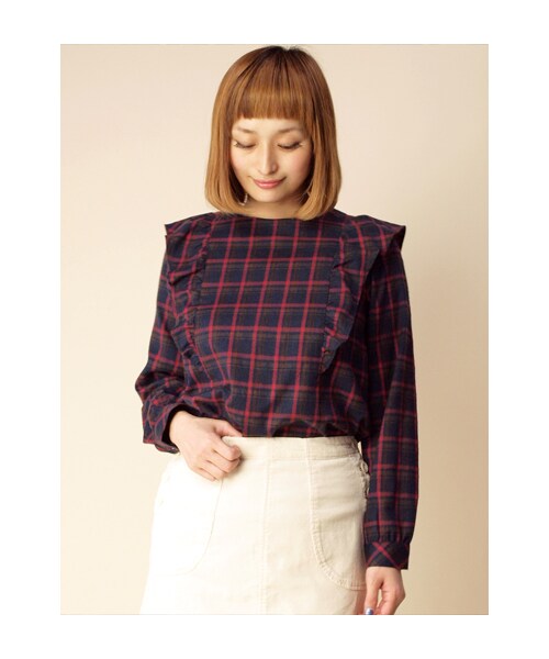 w closet(ダブルクローゼット)の「チェック柄フリル付き切替プルオーバー(トップス・レディース・レッドベース/グリーンベース/マスタードベース・FREE)」の1枚目の写真