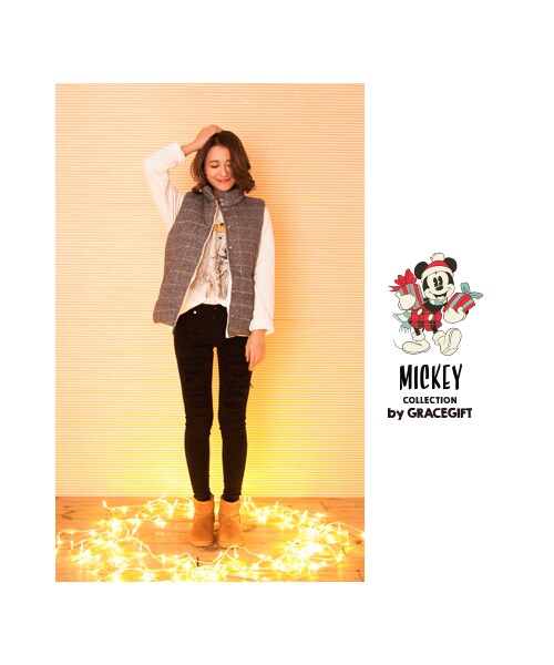 gracegift(グレースギフト)の「韓國膨膨羽絨感格紋背心外套(ジャケット/アウター・レディース・灰・F)」の6枚目の写真