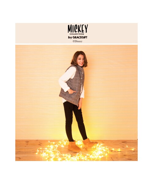 gracegift(グレースギフト)の「韓國膨膨羽絨感格紋背心外套(ジャケット/アウター・レディース・灰・F)」の4枚目の写真