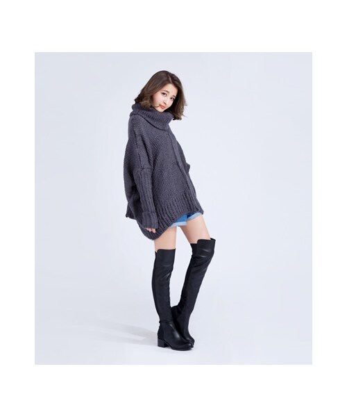 gracegift（グレースギフト）の「韓國厚磅Y字大翻領腰帶針織上衣（その他・レディース・深灰・F）」の5枚目の写真