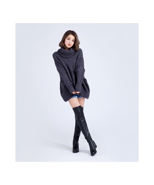 gracegift（グレースギフト）の「韓國厚磅Y字大翻領腰帶針織上衣（その他・レディース・深灰・F）」の4枚目の写真