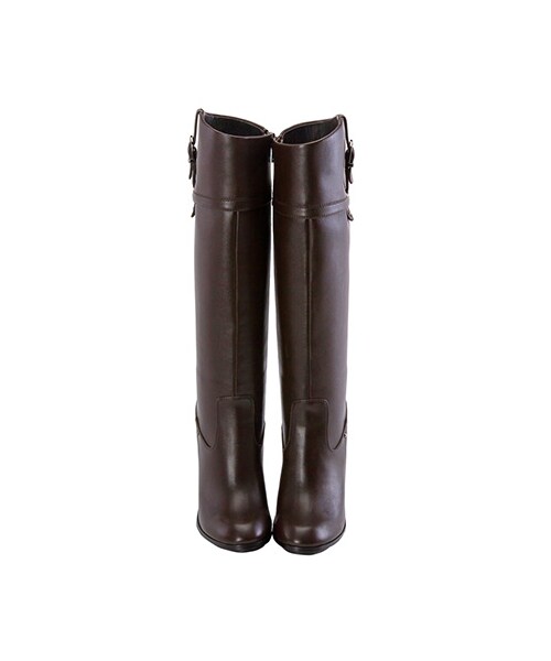 gracegift（グレースギフト）の「俐落條帶飾釦粗跟長靴（シューズ・レディース・深咖/黑・35/36/37/38/39/40/41）」の3枚目の写真