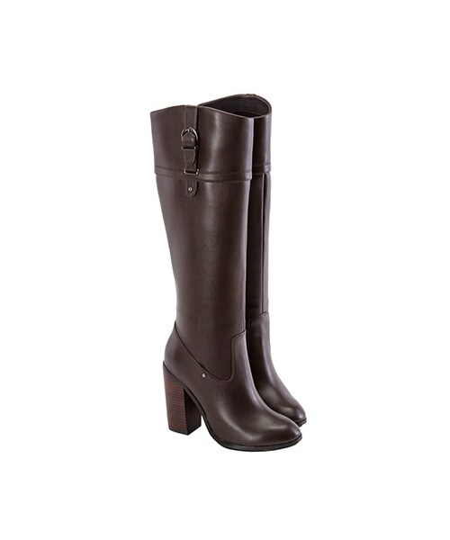 gracegift（グレースギフト）の「俐落條帶飾釦粗跟長靴（シューズ・レディース・深咖/黑・35/36/37/38/39/40/41）」の4枚目の写真