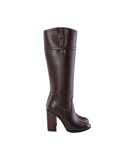 gracegift（グレースギフト）の「俐落條帶飾釦粗跟長靴（シューズ・レディース・深咖/黑・35/36/37/38/39/40/41）」の2枚目の写真