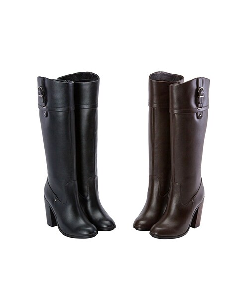 gracegift（グレースギフト）の「俐落條帶飾釦粗跟長靴（シューズ・レディース・深咖/黑・35/36/37/38/39/40/41）」の10枚目の写真