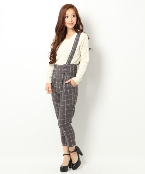 Heather（ヘザー）の「チェックハイウエストサスペンダーパンツ（パンツ・レディース・ブラック/グレー・Ｓ/Ｍ）」の2枚目の写真