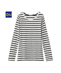 GU | （GU）フライスクルーネックＴ（ボーダー・長袖）(トップス)
