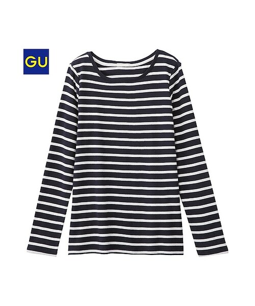 GU（ジーユー）の「（GU）フライスクルーネックＴ（ボーダー・長袖）（WOMEN ⁄ カットソー（Ｔシャツ）・レディース・PINK/OFF WHITE/GRAY/NAVY・M/XL/S/L/XS/XXL）」の4枚目の写真